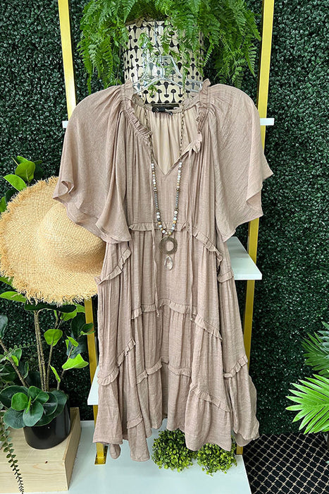 Color-Khaki-Ladies Lotus Leaf Sleeve Gathers Multi Layer V neck Flounced Dress-Fancey Boutique