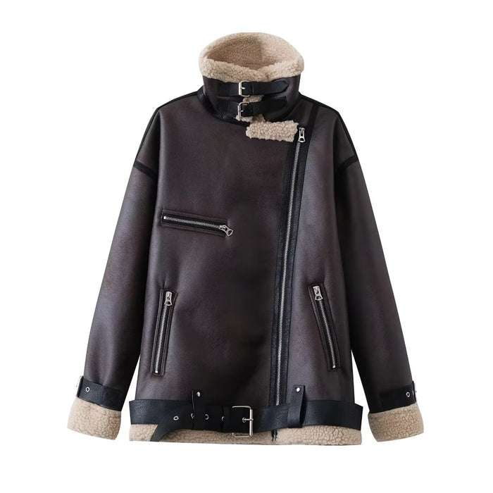 Color-Brown-Women Thickened Coat with Belt Fur Autumn Winter Retro Casual Loose Motorcycle Clothing Jacket-Fancey Boutique