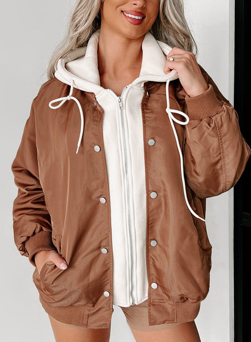 Color-Brown-Autumn Winter Women Bomber Jacket Faux Two Piece Cotton Hooded Buckle Plush Lined Coat-Fancey Boutique
