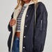 Color-Navy Blue-Autumn Winter Women Bomber Jacket Faux Two Piece Cotton Hooded Buckle Plush Lined Coat-Fancey Boutique