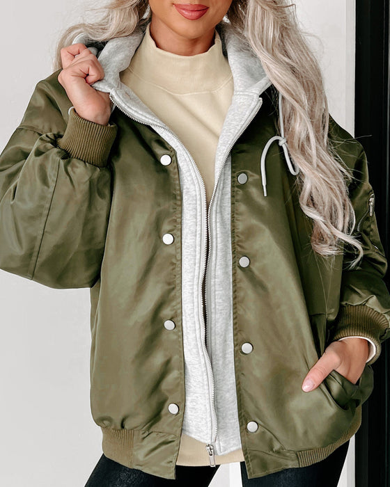 Color-Olive Green-Autumn Winter Women Bomber Jacket Faux Two Piece Cotton Hooded Buckle Plush Lined Coat-Fancey Boutique