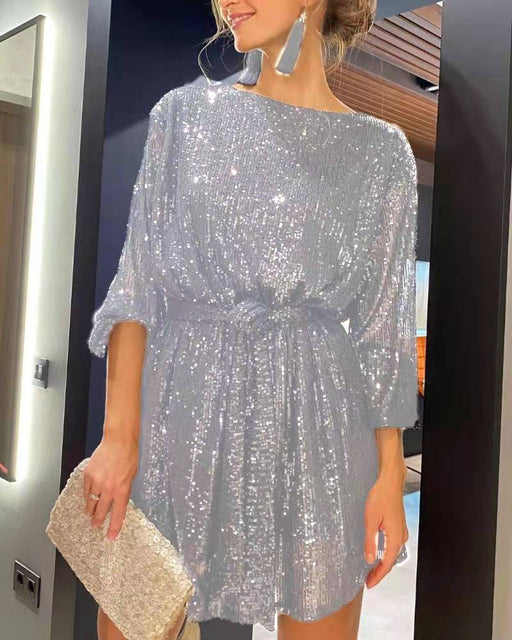 Color-Gray-Festival Party Sparkling Beaded Dress Dinner Set-Fancey Boutique