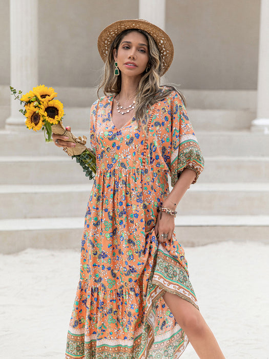 Color-Orange-Bohemian Loose Vacation Printing Women Dress-Fancey Boutique