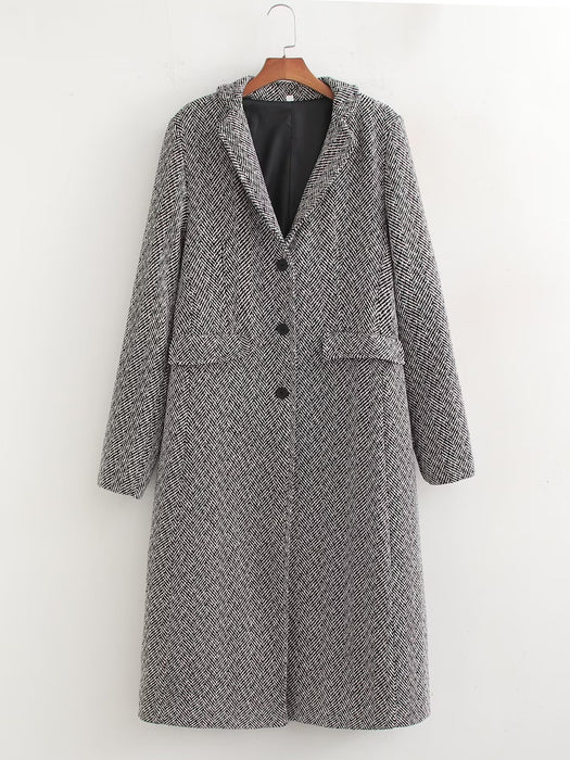 Color-Gray-Autumn Korean Loose Socialite High Grade Herringbone Pattern Collar Woolen Coat-Fancey Boutique