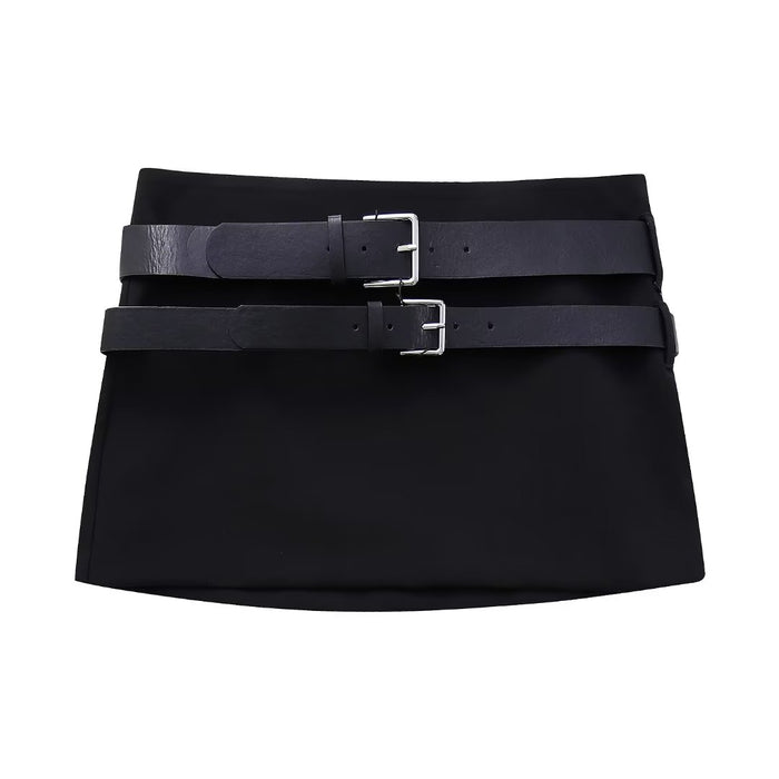 Color-Black-Autumn Winter Women Metal Buckle Decoration Short Skirt Pair Belt Skirt Mini Skirt Slimming-Fancey Boutique