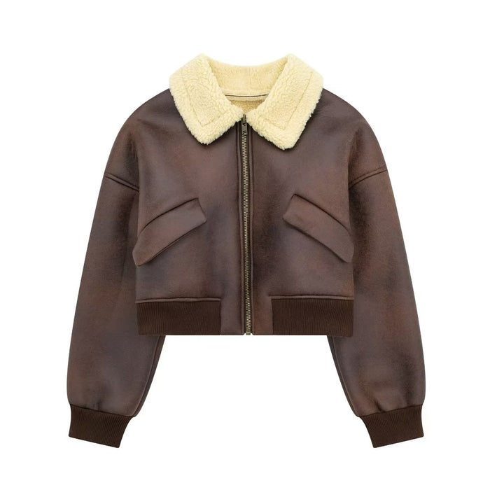 Color-Brown-Autumn Double Sided Faux Shearling Jacket Short Zipper Jacket-Fancey Boutique