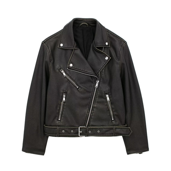 Color-Black-Women All Match Solid Color Zipper Ornament Long Sleeve Washed Faux Leather Motorcycle Jacket-Fancey Boutique