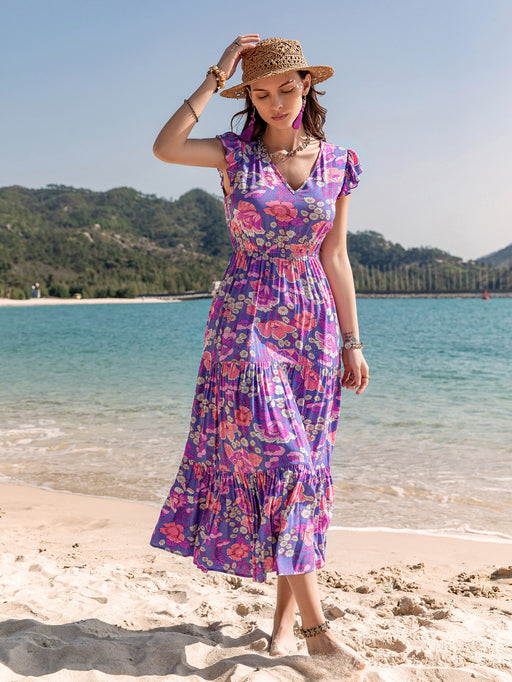 Color-Purple-Purple High Waist Slimming V Neckline Printed Dress Elastic Waist Dress Women-Fancey Boutique