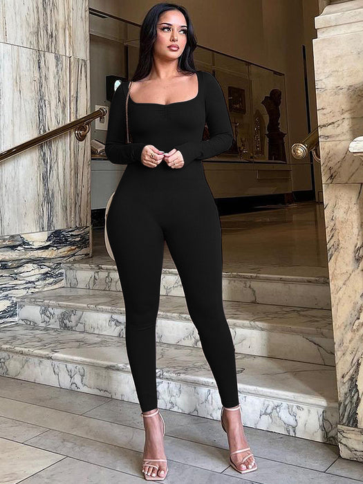 Color-Black-Winter Solid Color Square Collar Pleated Long Sleeve Slim Fit Sports Yoga Jumpsuit Women-Fancey Boutique