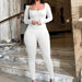 Color-White-Winter Solid Color Square Collar Pleated Long Sleeve Slim Fit Sports Yoga Jumpsuit Women-Fancey Boutique