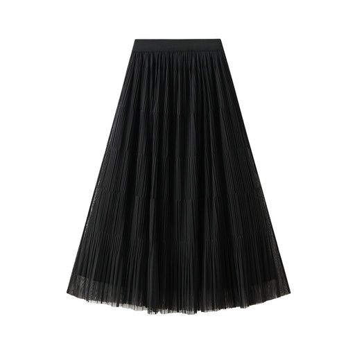 Color-Black-Double Sided Wear Veil Skirt Skirt Women Mid Length Autumn High Waist Cover Mesh Pleated Split Dress-Fancey Boutique