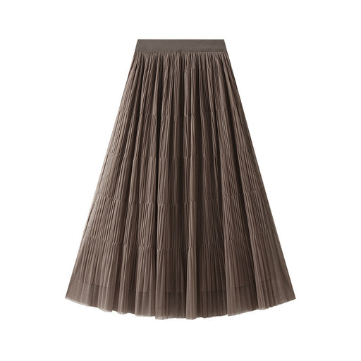 Color-Khaki-Double Sided Wear Veil Skirt Skirt Women Mid Length Autumn High Waist Cover Mesh Pleated Split Dress-Fancey Boutique