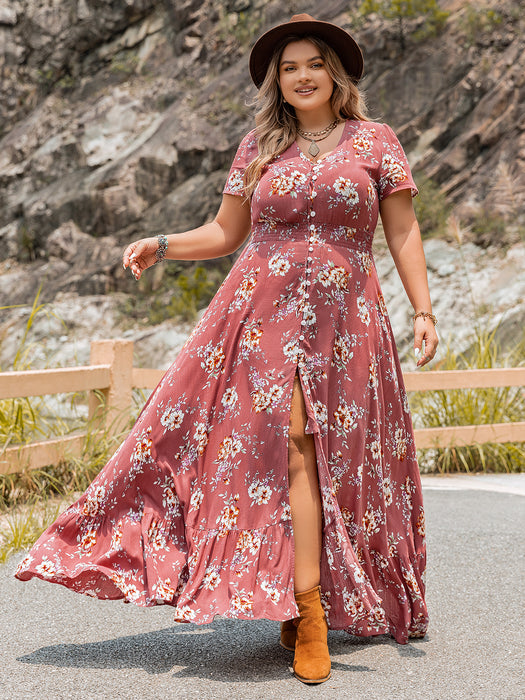 Color-Red-Plus Size Bohemian Loose Printing Dress-Fancey Boutique