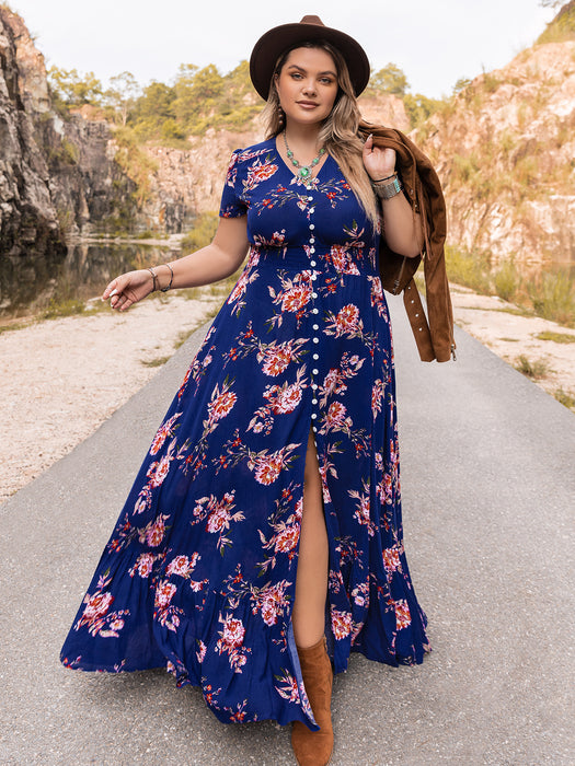 Color-Blue-Plus Size Bohemian Loose Printing Dress-Fancey Boutique