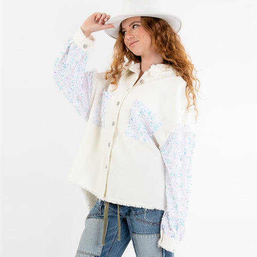 Color-White-Sequined Stitching Denim Long Sleeved Coat Mid Length Cardigan Loose Jacket Women-Fancey Boutique