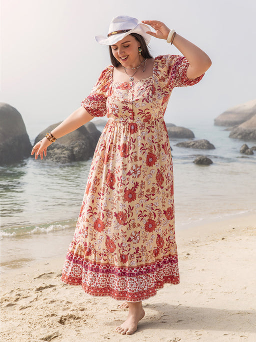 Color-Multi-Plus Size Vacation Seaside Casual Floral Print off Shoulder Girdle Ladies Dress-Fancey Boutique
