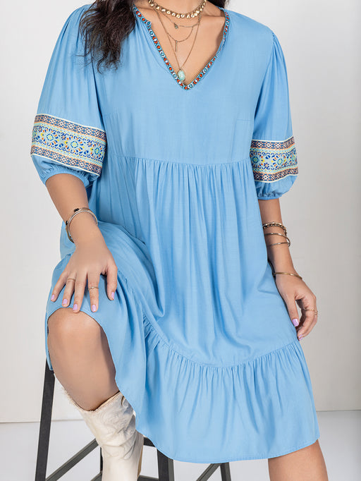 Color-Blue-Plus Size Women Clothing Dress V neck Dress-Fancey Boutique