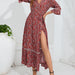 Color-Jujube Red-Women Hollow Lace V Neck Half Sleeve Slim Strap Dress Vacation Dress-Fancey Boutique