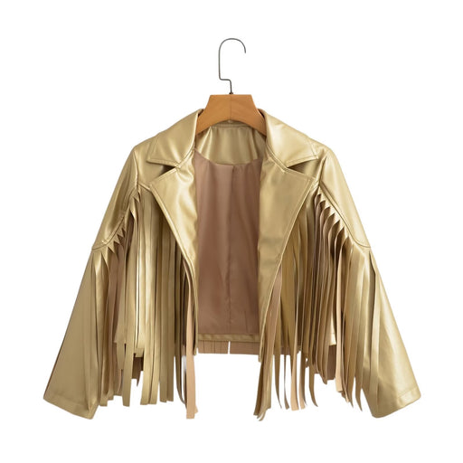 Color-Gold-Street Fashionable Ornaments Faux Leather Polo Collar Jacket Autumn Loose Slimming Short Casual Jacket Supply-Fancey Boutique