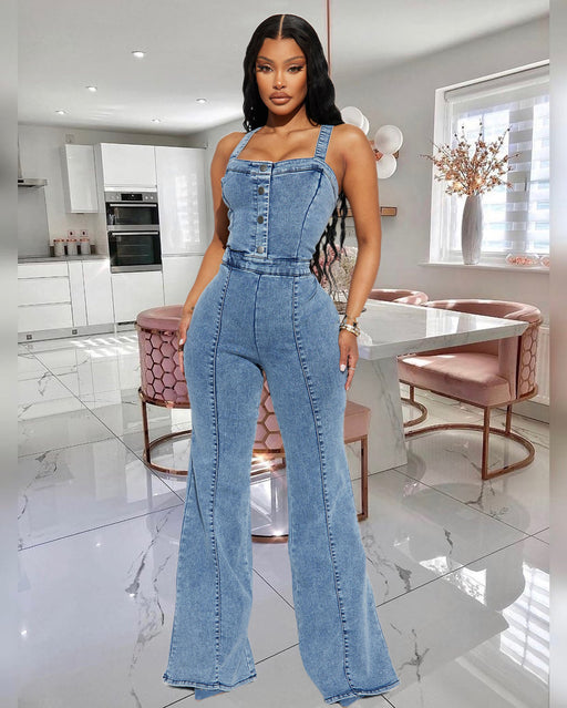 Color-Blue Black-Platform Women Casual Sexy Strap Denim Jumpsuit Wide Leg Pants Bell Bottom Pants-Fancey Boutique