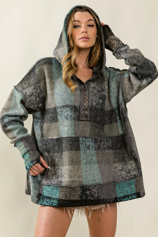 Color-Blue-Autumn Winter Women Color Plaid Hooded Pullover Fleece Sweater-Fancey Boutique