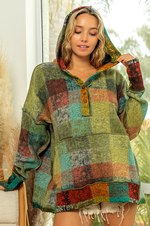 Color-Green-Autumn Winter Women Color Plaid Hooded Pullover Fleece Sweater-Fancey Boutique