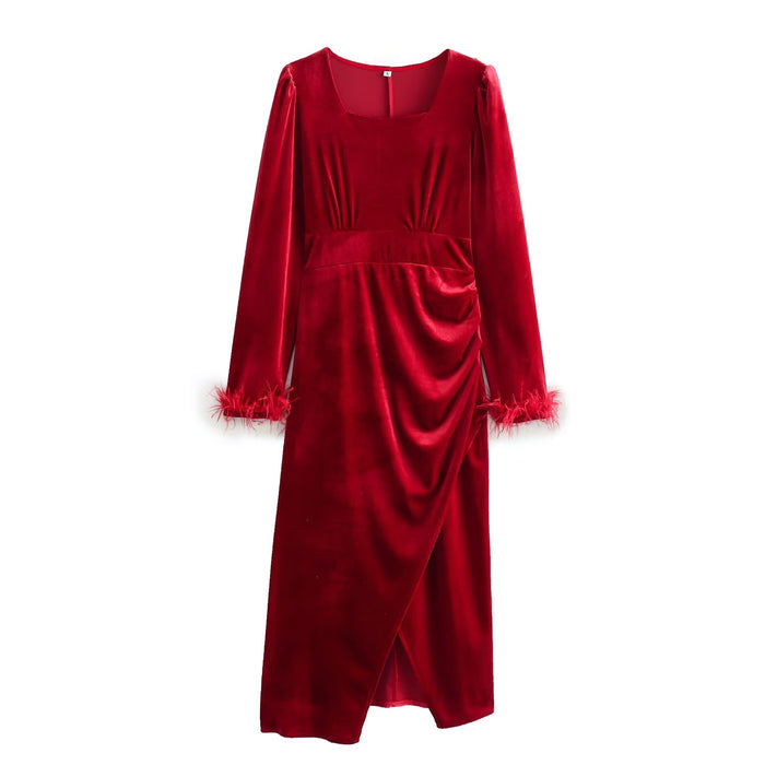 Color-Red-Women Clothing French Square Collar Long Sleeve Velvet Split Feather Sheath Dress-Fancey Boutique