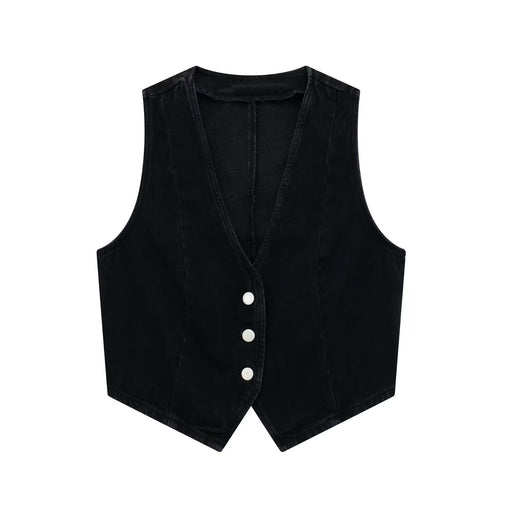 Color-Black-Placket Button Triangle Hem Autumn Winter Outerwear Short Denim Vest-Fancey Boutique