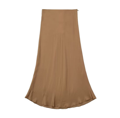 Color-Brown-Women Clothing French Silk Satin Texture High Waist Midi Skirt Skirt-Fancey Boutique