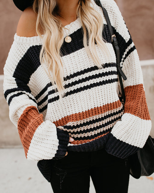 Color-Orange-Autumn Winter Women Loose Pullover Patchwork Thick Knitwear Striped Sweater-Fancey Boutique