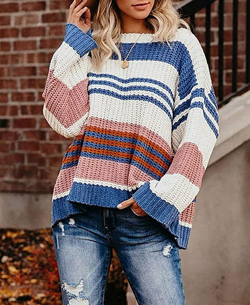 Color-Blue-Autumn Winter Women Loose Pullover Patchwork Thick Knitwear Striped Sweater-Fancey Boutique
