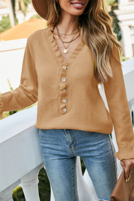 Color-Khaki-Autumn Winter Sweater Button Ruffle V neck Knitwear for Women-Fancey Boutique