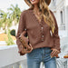 Color-Brown-Autumn Winter Sweater Button Ruffle V neck Knitwear for Women-Fancey Boutique