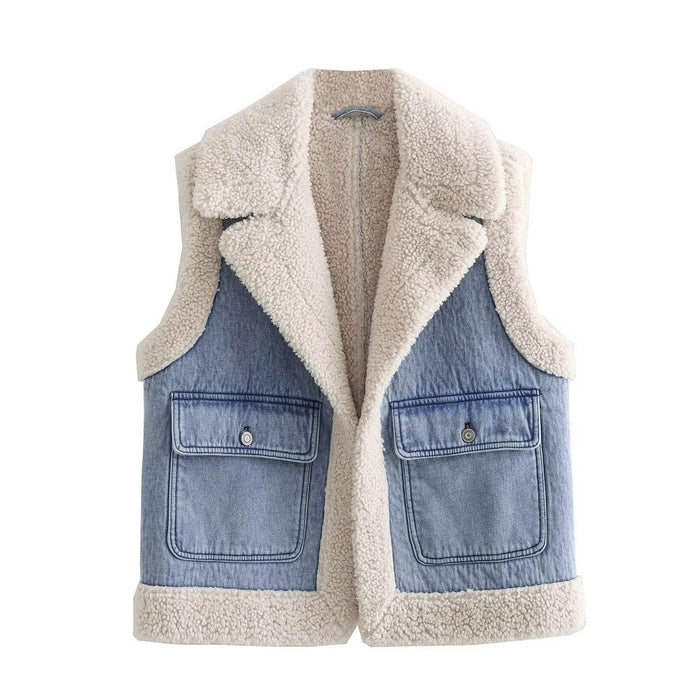 Color-Blue-Autumn Winter Collared Thickening Warm Sleeveless Lamb Wool Denim Waistcoat Vest-Fancey Boutique