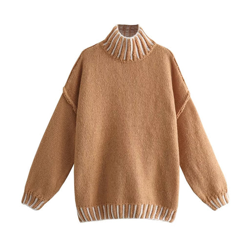 Color-Light Brown-Fall Women Clothing Loose Two Color Thread Pullover-Fancey Boutique