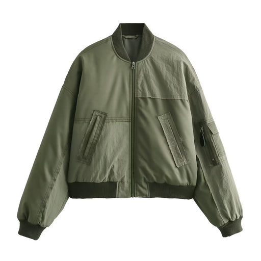 Color-Army Green-Autumn Women Patchwork Top Bomber Jacket Coat Women-Fancey Boutique
