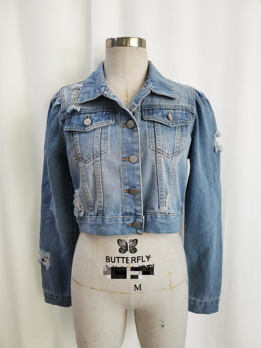 Color-Blue-Denim Coat Women Puff Sleeve Short Ripped Denim Jacket Denim Jacket-Fancey Boutique