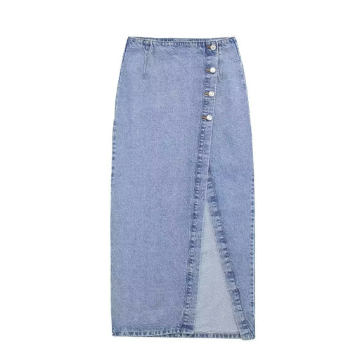 Color-Light Blue-Young Button Decoration Design Denim Skirt Special Split High Waist A Line Skirt Solid Color Slim Fit Maxi Dress-Fancey Boutique