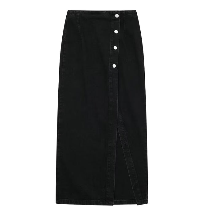 Color-Black-Young Button Decoration Design Denim Skirt Special Split High Waist A Line Skirt Solid Color Slim Fit Maxi Dress-Fancey Boutique