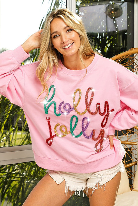 Color-Pink-Winter Women Clothing Letter Graphic Crew Neck Long Sleeve Loose Casual Christmas Pullover Sweater-Fancey Boutique