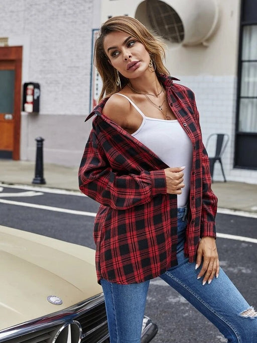 Color-Red-Fall Women Clothing Shirts Single Breasted Plaid Cardigan-Fancey Boutique