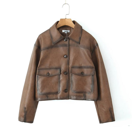 Color-Polished brown-Kendall Jenner Maillard Hand Rub Color Vintage Brown Cropped Leather Coat Women Autumn Winter Trendy Cool Motorcycle Jacket-Fancey Boutique