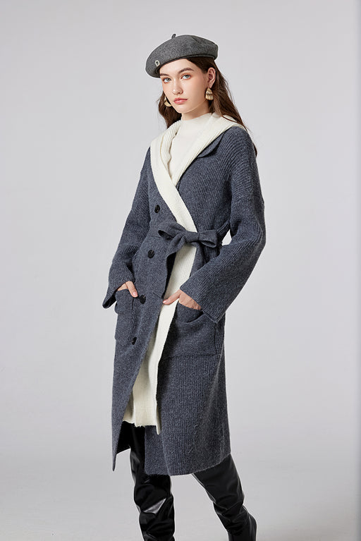 Color-Gray-Fake Two Pieces Spliced Long Coat Loose Long Sweater Cardigan Coat-Fancey Boutique