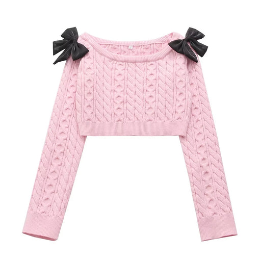 Color-Pink-Bow Sweater Early Spring All Matching Youthful Looking Loose Puff Sleeves Mohair Knitwear-Fancey Boutique