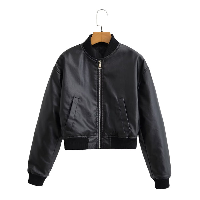 Color-Black-Autumn Women Clothing Black Washed Faux Leather Flight Jacket Cotton Jacket-Fancey Boutique