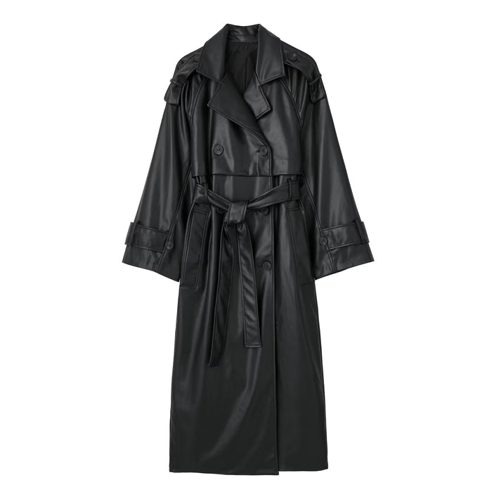 Color-Black-Women Clothing Spring Autumn Black Long with Belt All Match Faux Leather Trench Coat-Fancey Boutique