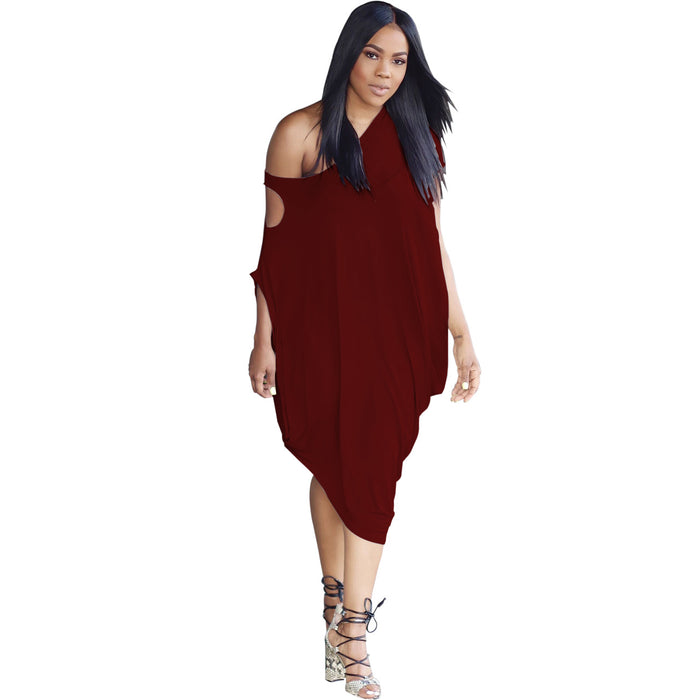 Color-Purplish Red-Boutique Sexy off the Shoulder Irregular Asymmetric Solid Color Loose Dress-Fancey Boutique