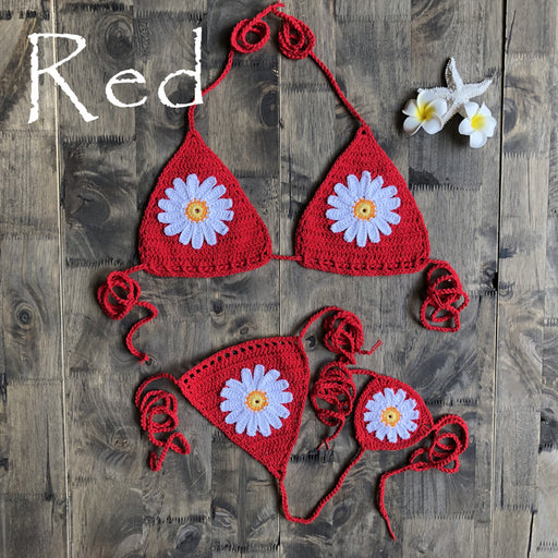 Color-Red-Vacation Split Swimsuit Hand-Woven Daisy Pattern Beach Bikini-Fancey Boutique