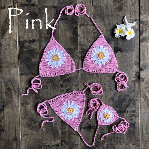 Color-Pink-Vacation Split Swimsuit Hand-Woven Daisy Pattern Beach Bikini-Fancey Boutique