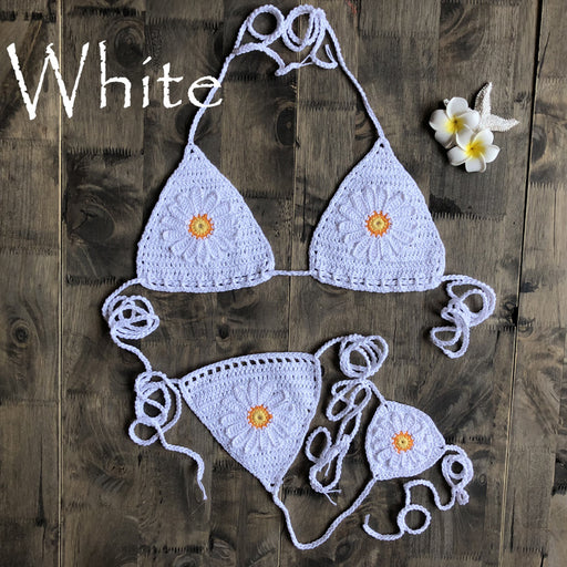Color-White-Vacation Split Swimsuit Hand-Woven Daisy Pattern Beach Bikini-Fancey Boutique